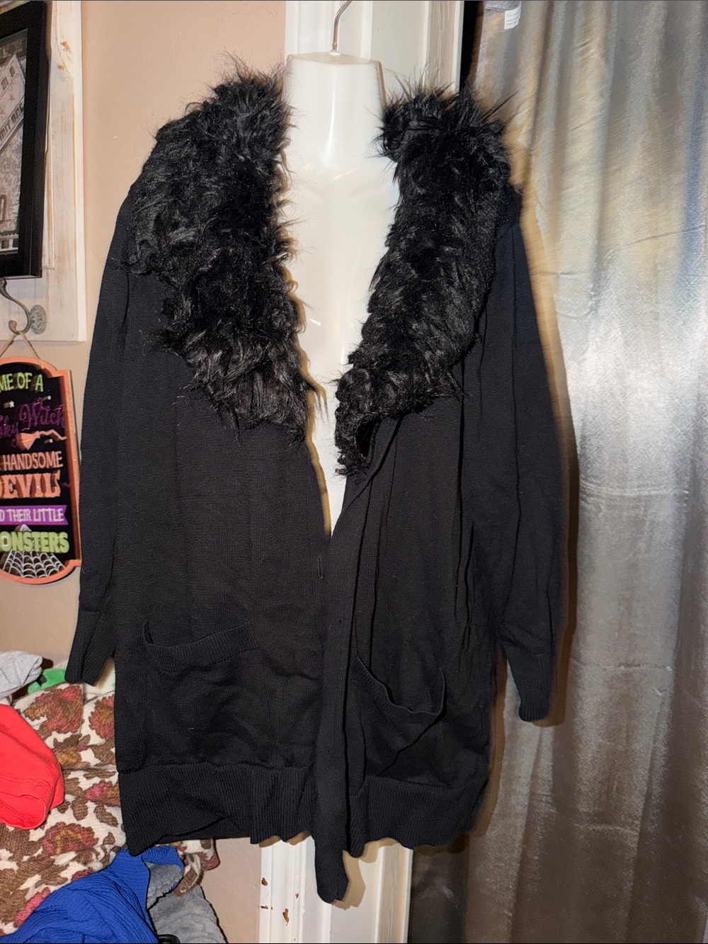 Women’s Black Michael Kors plus size Faux-Fur Collar Open Sweater Cardigan 1X
